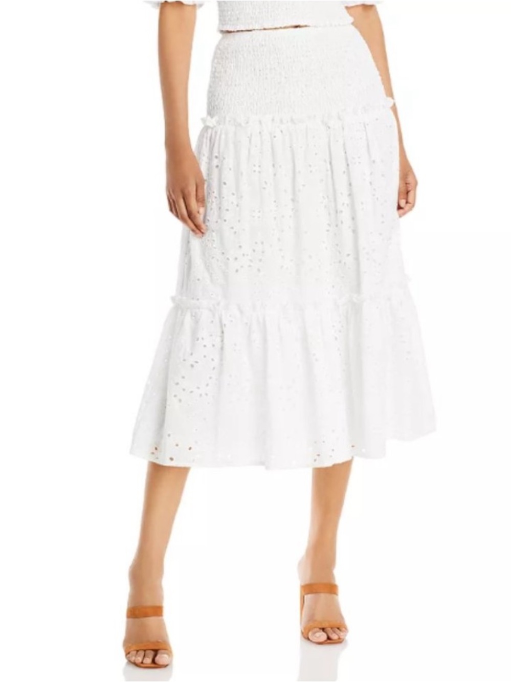 Aqua White Eyelet Tiered Midi Skirt with Shirred Waist